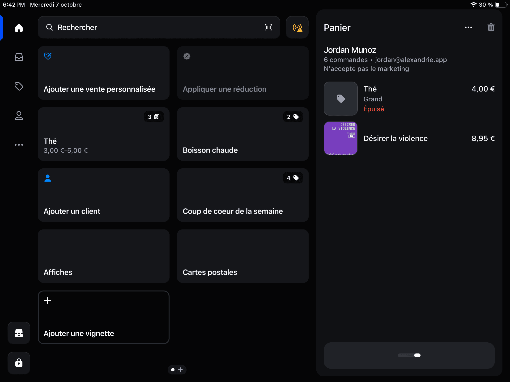 Écran d'accueil de la caisse Shopify POS avec panier